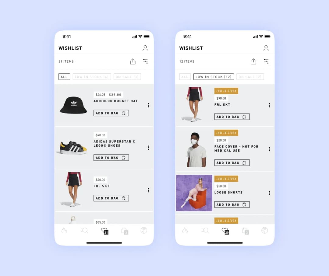 Wishlist screens with saved adidas items, Low in stock filters and add-to-bag buttons
