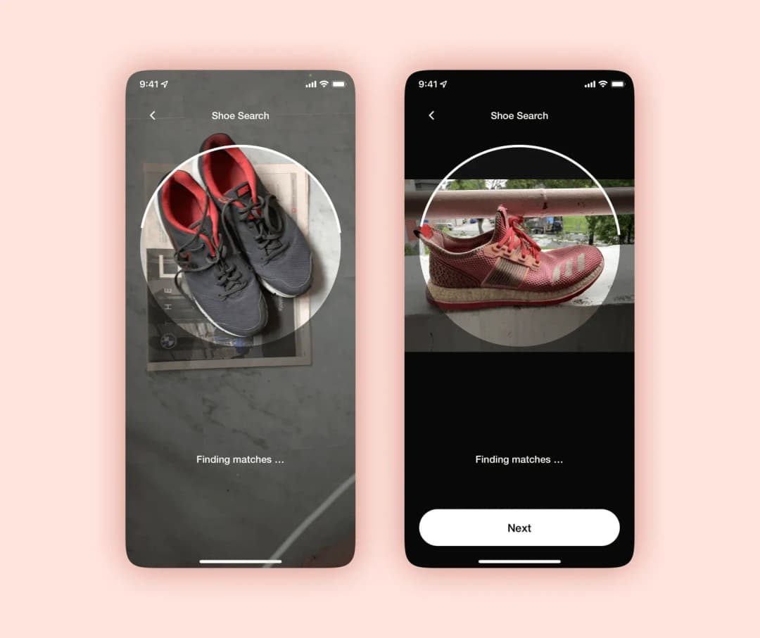 Visual shoe search scanning grey and red sneakers with a Finding matches prompt