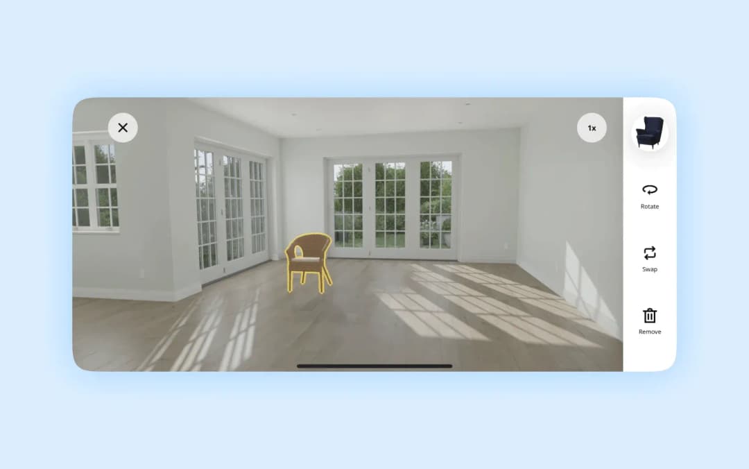 AR furniture placement: a virtual chair set in an empty room with rotate, swap and remove controls