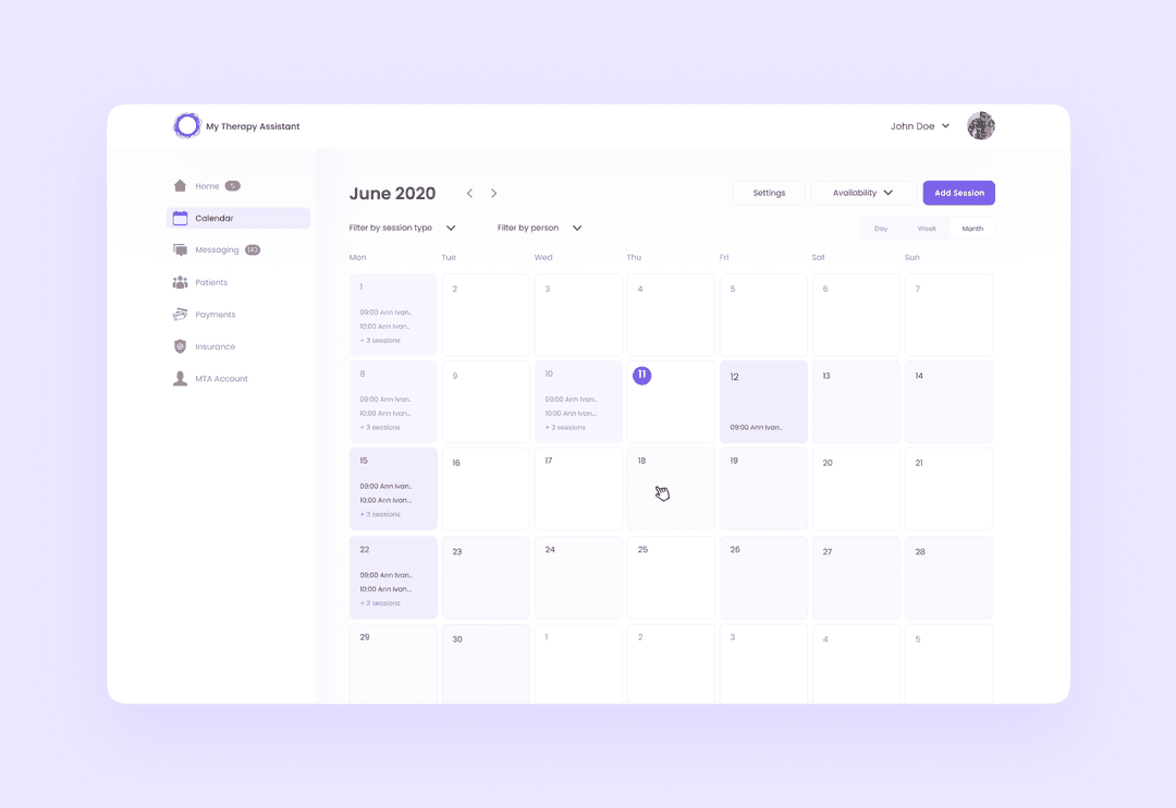 Therapy web application calendar interface
