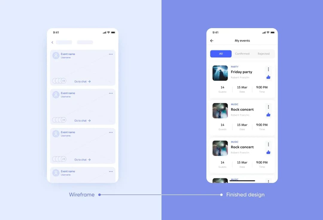 Wireframes & finalized design comparison