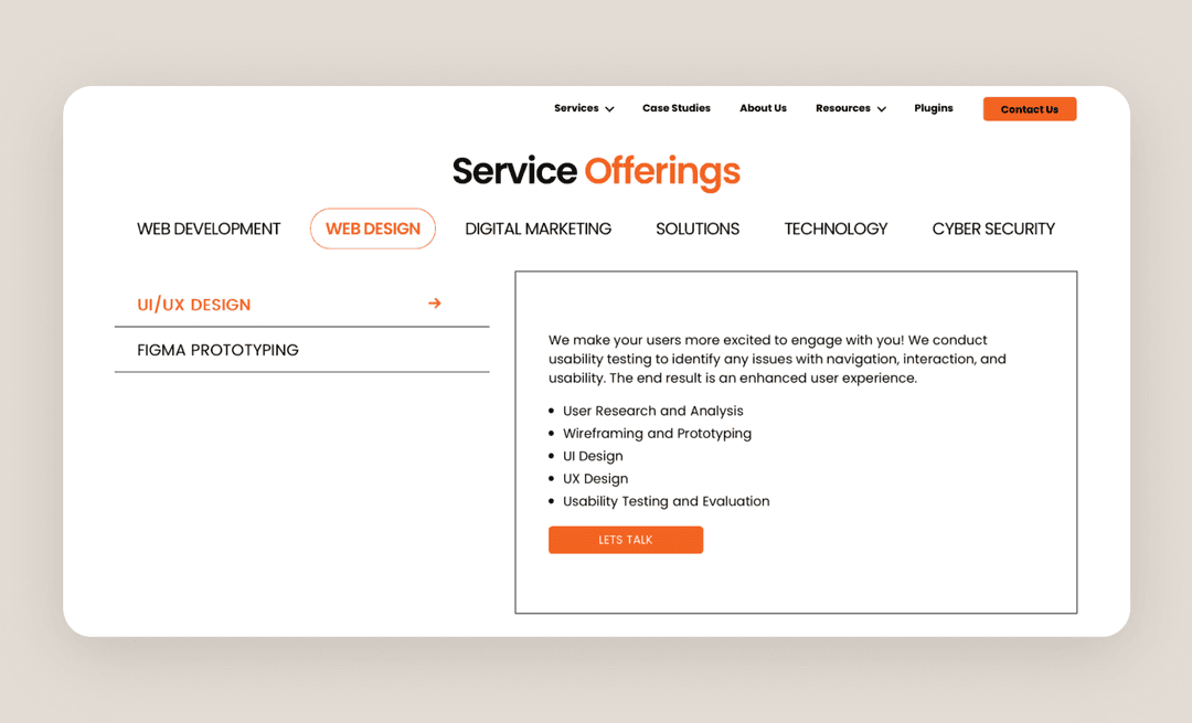 Service Offerings page with Web Design selected, showing UI/UX design deliverables