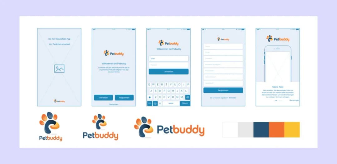 Petbuddy onboarding wireframes with logo variations and the app's navy, orange and yellow palette
