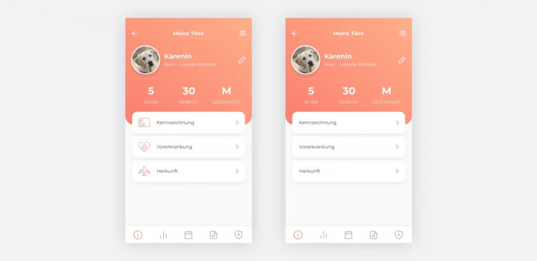 Two Petbuddy pet profile screens for dog Karenin comparing bordered and borderless list cards