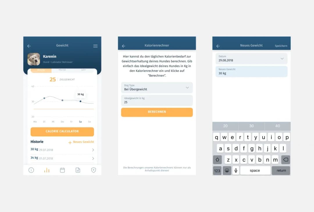Three Petbuddy screens: weight tracker, calorie calculator input and new-weight entry with keypad