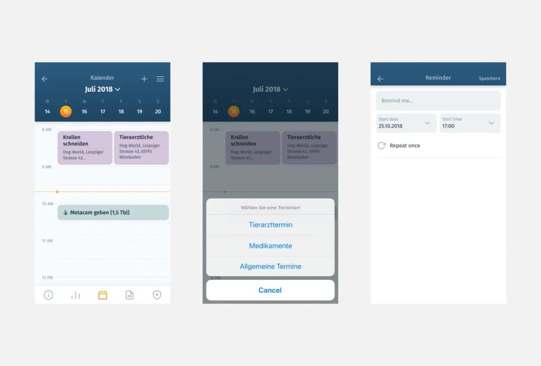 Three Petbuddy screens: pet care calendar, appointment-type picker and reminder setup