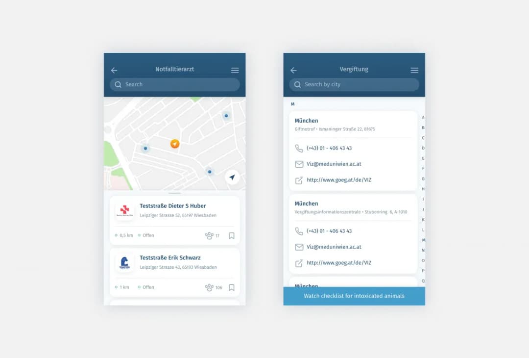 Petbuddy emergency screens: nearby vet clinics on a map and a poison-control contacts directory