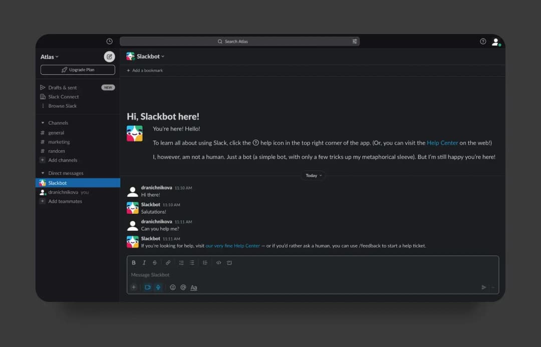 Slack onboarding chat with Slackbot greeting a new user in the Atlas workspace