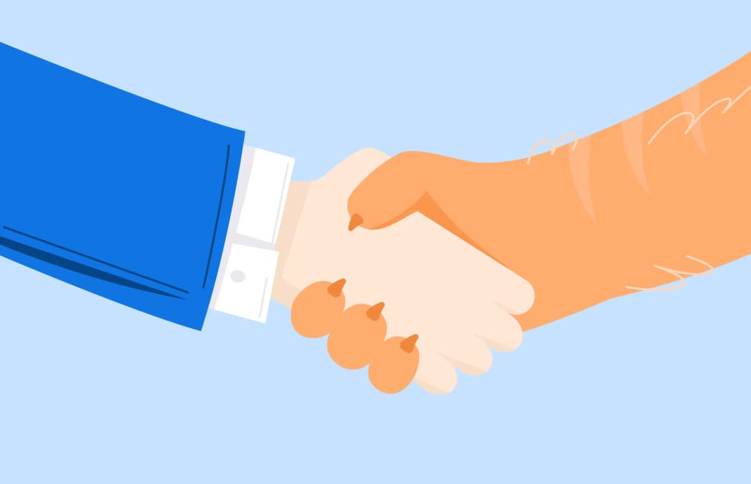 Flat illustration of two people shaking hands, one in a blue suit sleeve