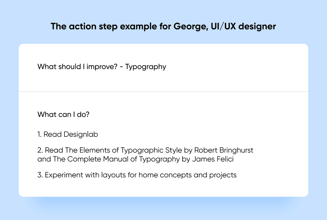 Action step card for George, UI/UX designer: improve typography by reading Designlab and typography books
