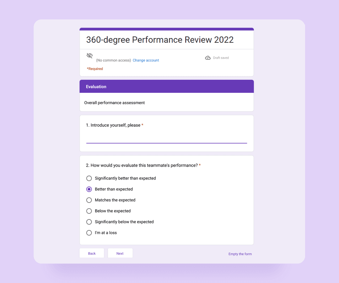 Google Form 360-degree Performance Review 2022 with intro field and teammate performance rating options