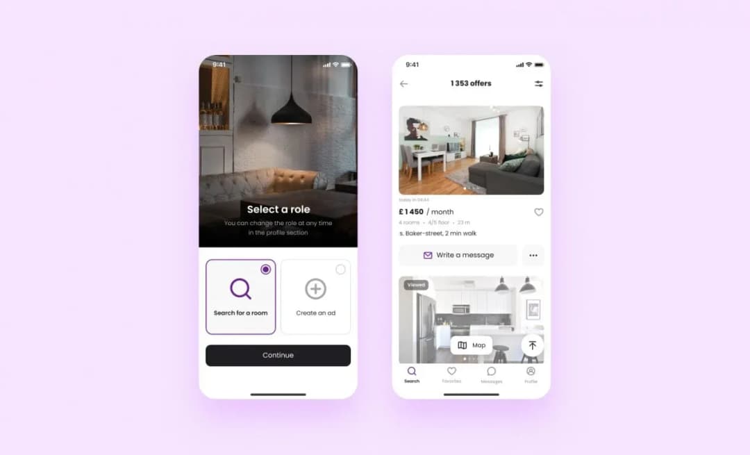 Tenant — search, favorites, chats and profile.