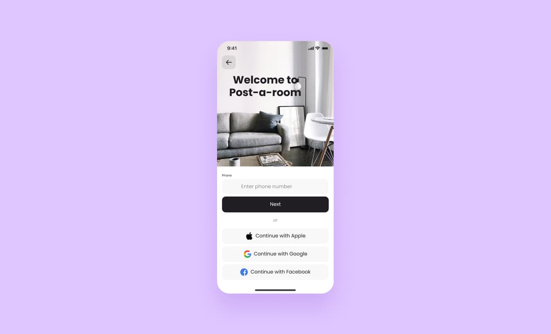 Экран входа Post-a-room: ввод номера телефона и вход через Apple, Google, Facebook