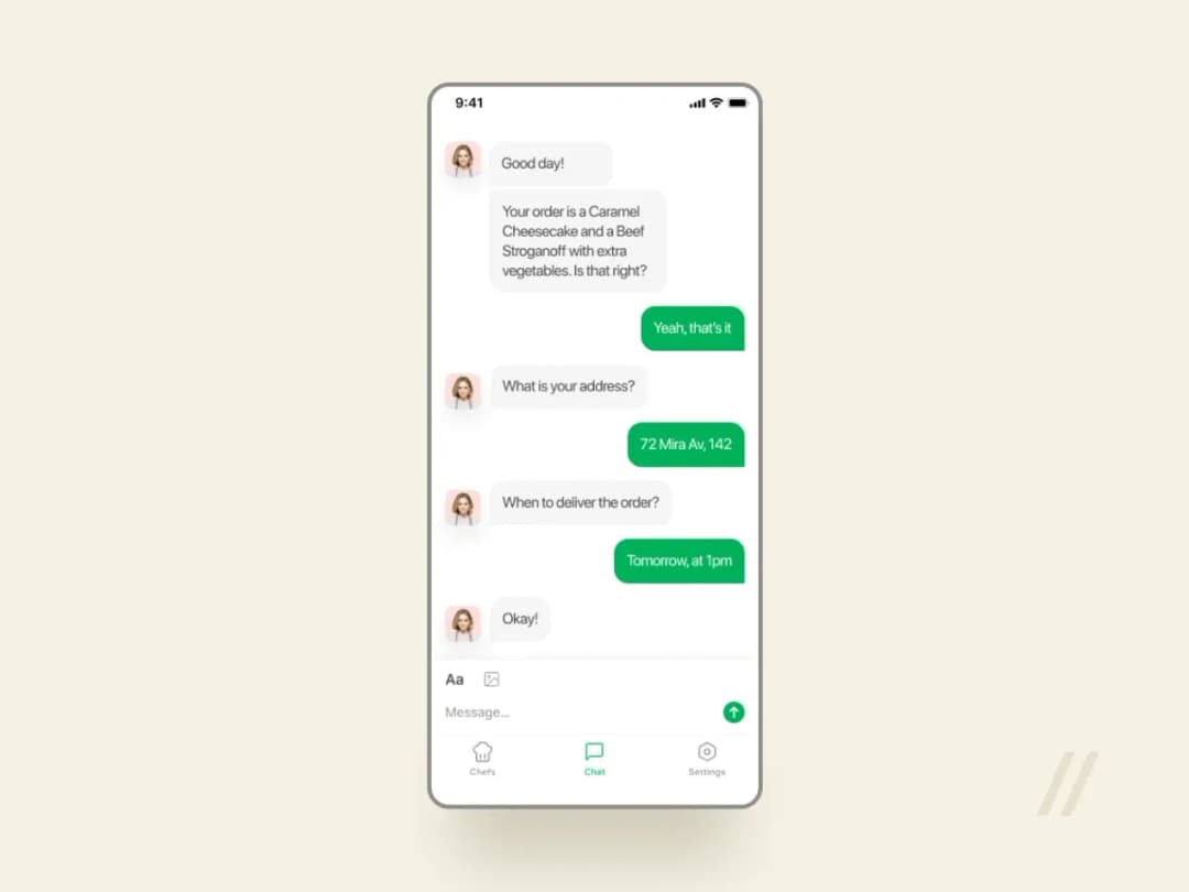 Cheflocal chat: a cook confirms a Caramel Cheesecake and Beef Stroganoff order and delivery
