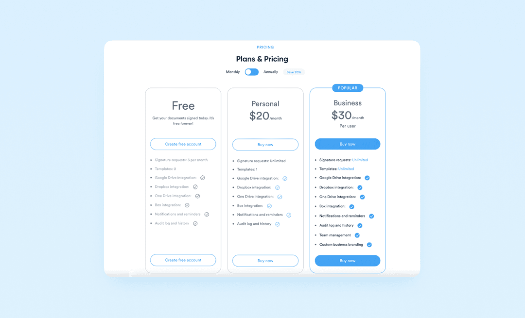 Signaturely pricing page comparing Free, Personal $20 and Business $30 plans by feature