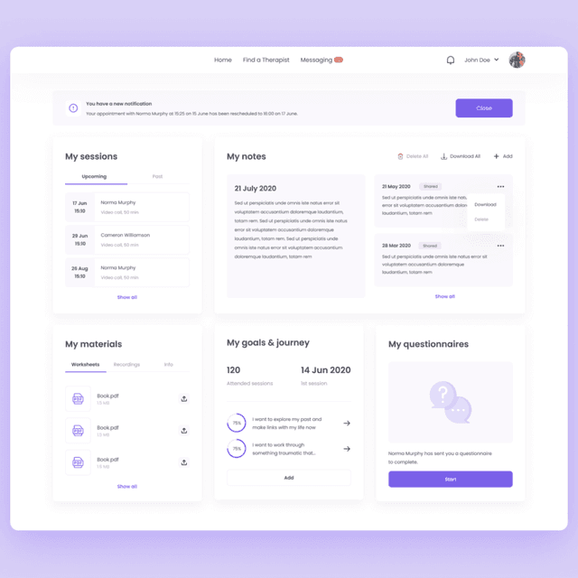 Six screens for an online therapy app developed by Purrweb