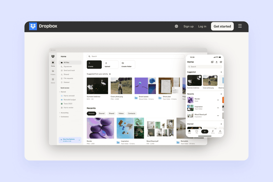 homepage of dropbox.com showcasing the Dropbox cloud platform