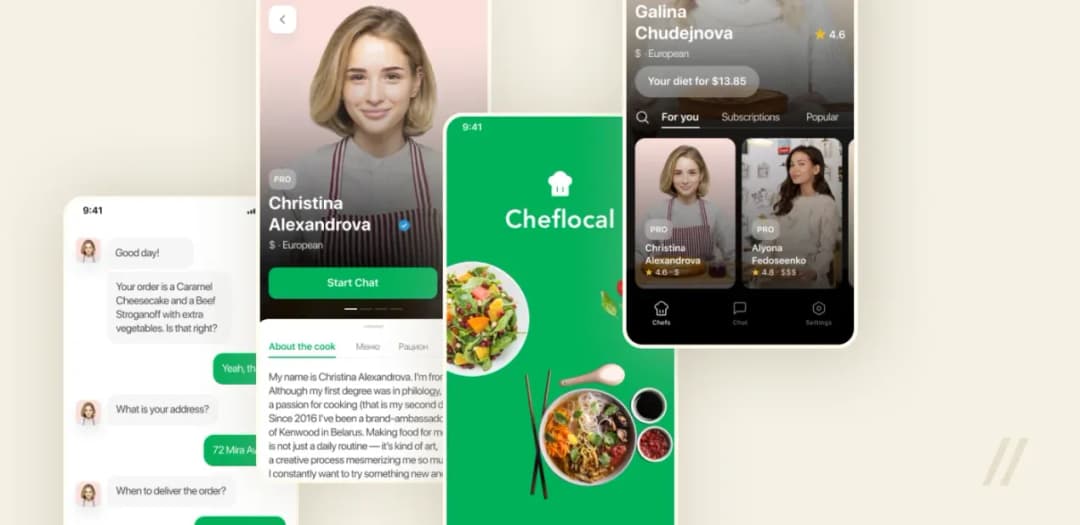 Cheflocal app screens: cook profile, order chat and a list of home cooks with ratings