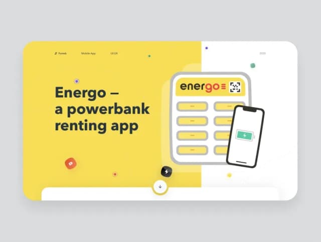 Portfolio slide: Energo powerbank renting app with a charging locker and phone mockup
