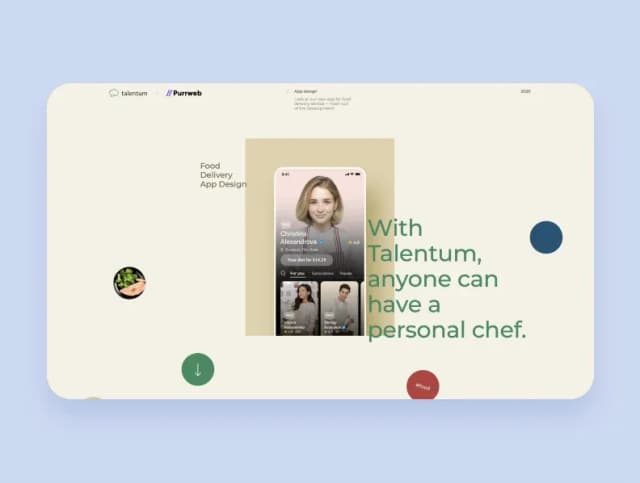 Portfolio slide: Talentum food delivery app — anyone can have a personal chef