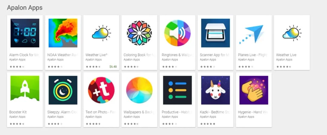 Google Play 'Apalon Apps' page showing a grid of weather, alarm and utility app icons