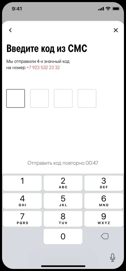SMS verification code entry screen
