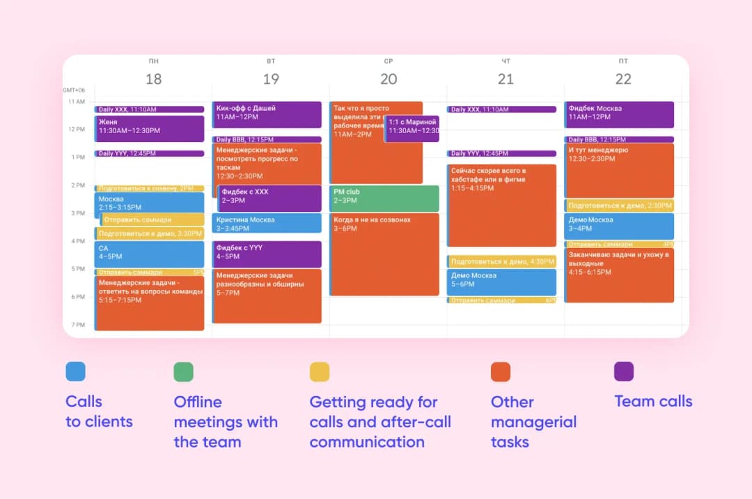 Weekly calendar with color-coded manager tasks: client calls, team meetings, prep and admin work