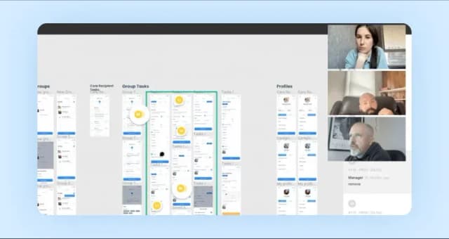 Design review video call with three participants beside mobile app task screens