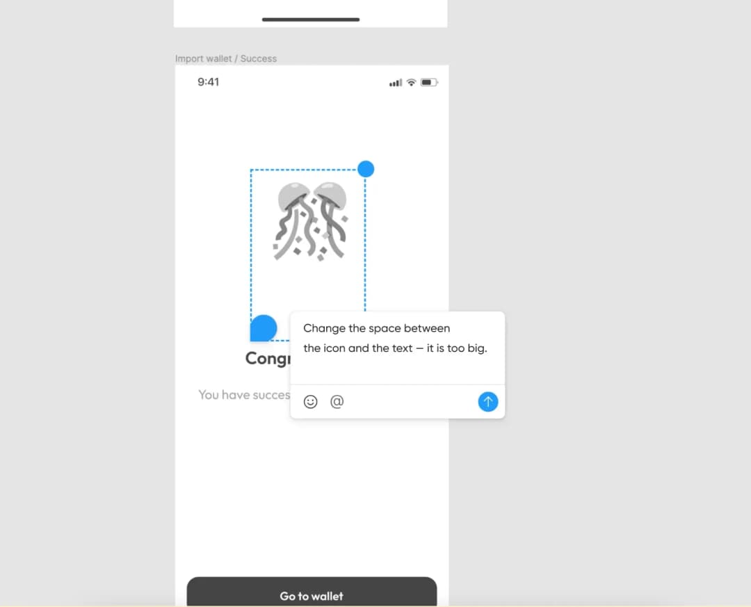 Figma comment on a mobile success screen asking to reduce the space between icon and text