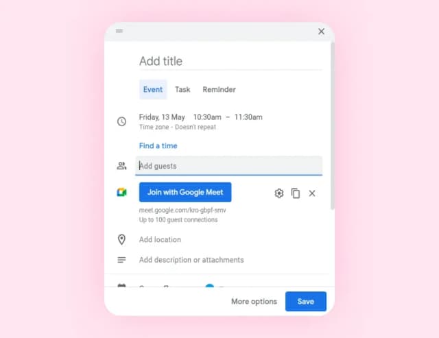Google Calendar event popup with title, time and a Join with Google Meet link