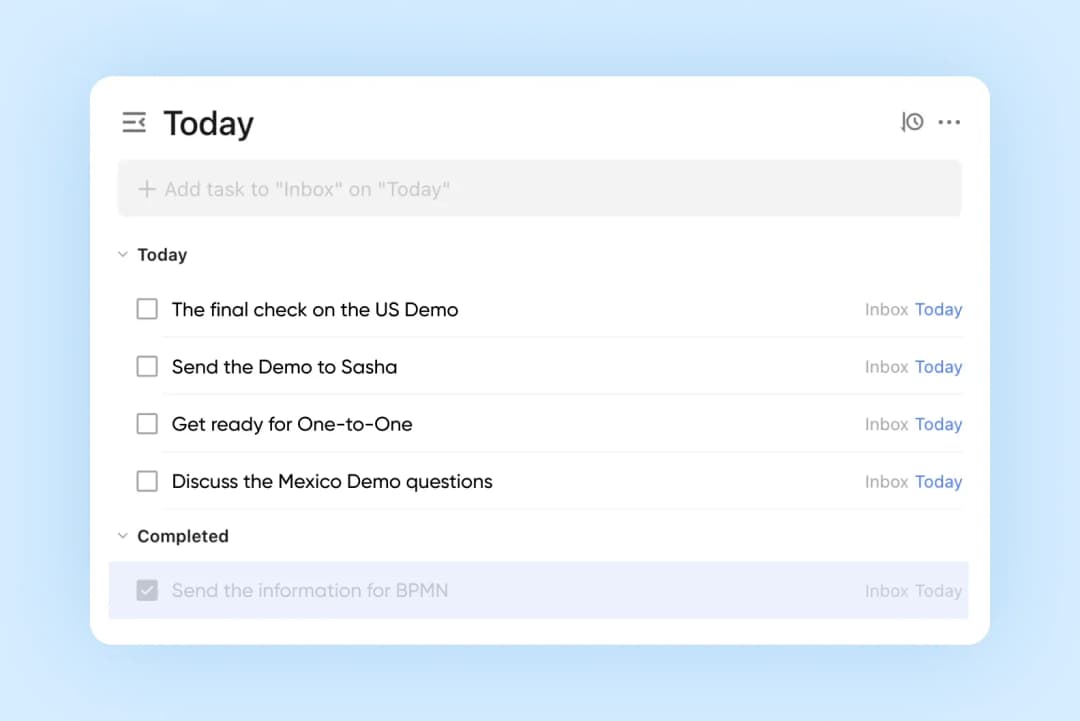 Todoist Today list with manager tasks: check US Demo, send demo, prep for one-to-one
