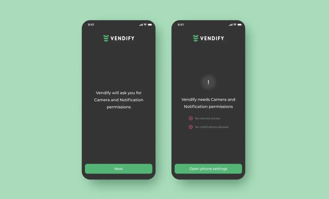 Экраны с разрешением на показ уведомлений Vendify