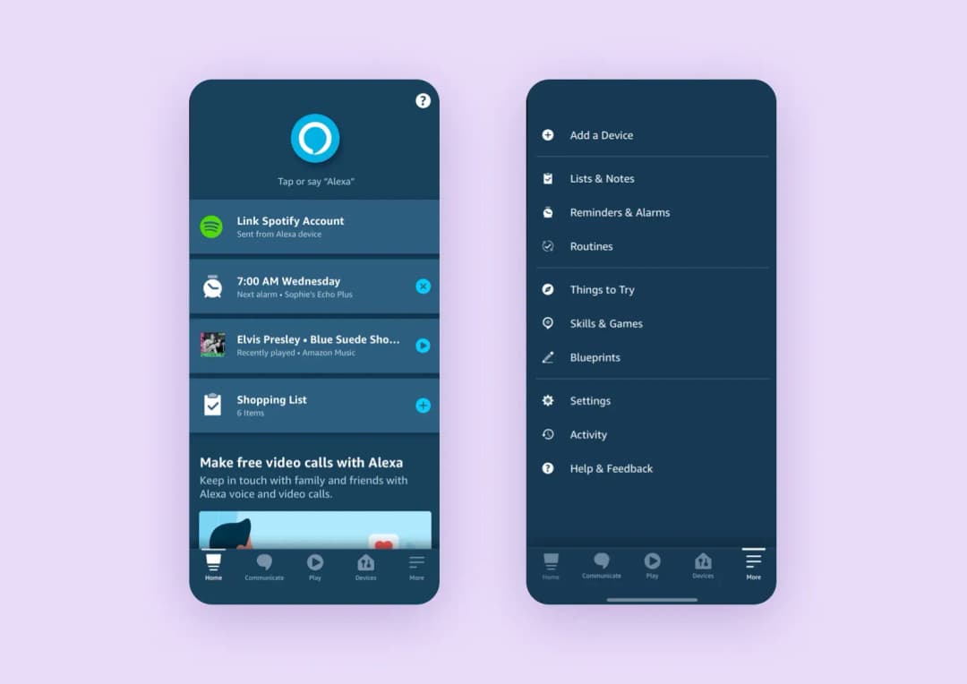 main screens of the Alexa App