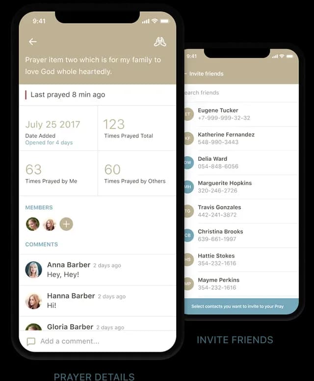 Prayer request management screen with friend invite options