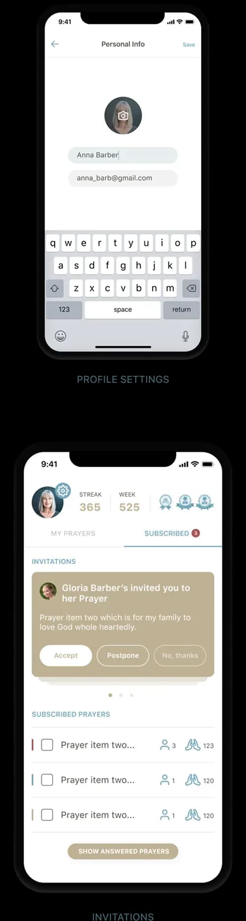 Mobile app personal info and invitations screens