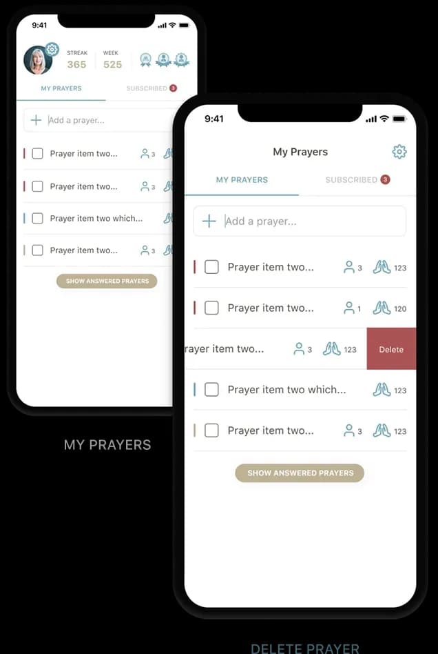 Mobile app prayer management screen