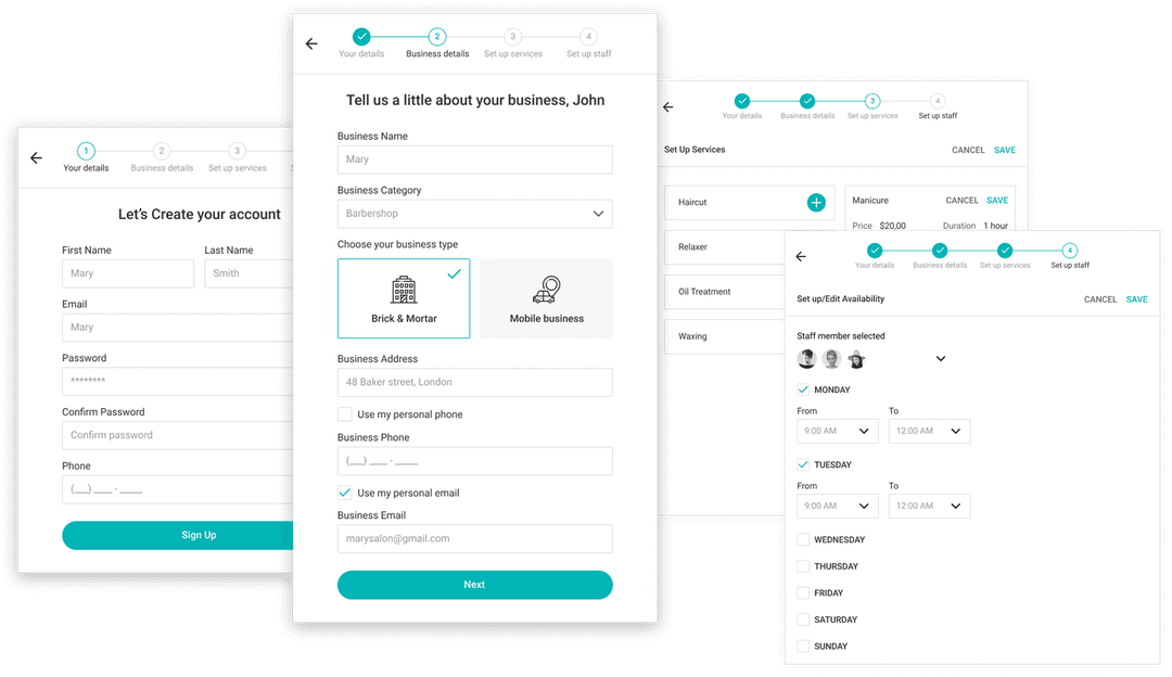 Mobile app onboarding and business setup screens