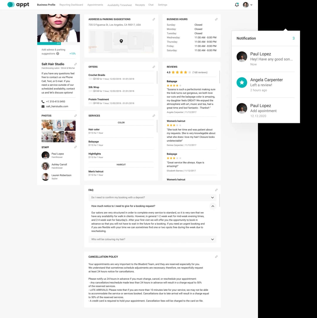 Business profile management screen with reviews and notifications