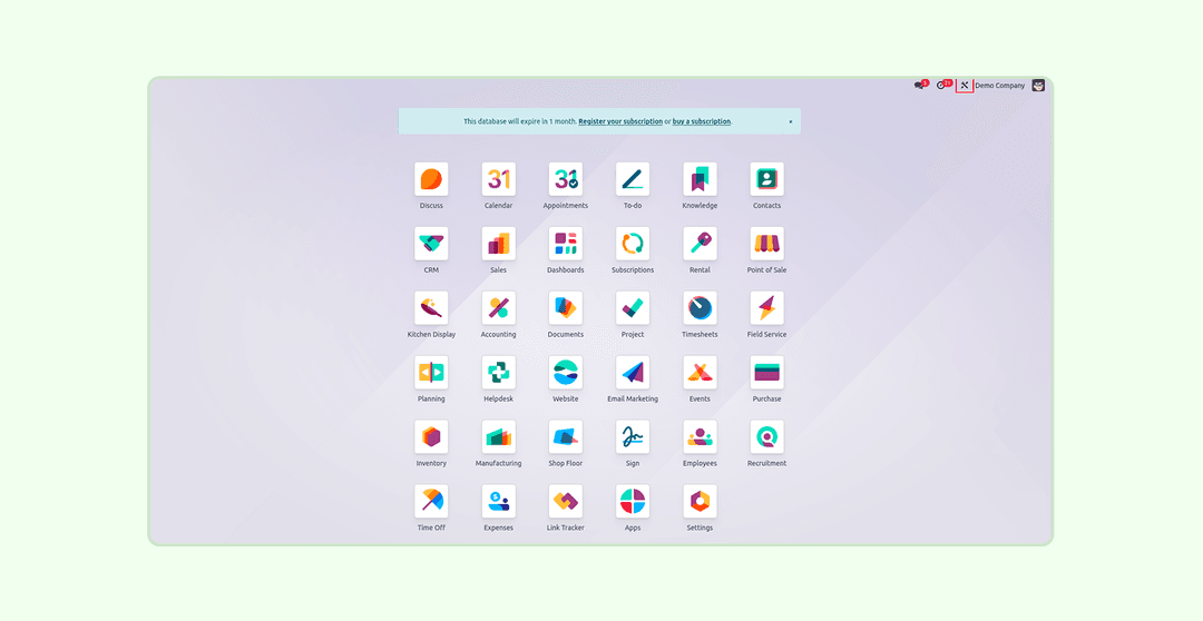 A main dashboard of Odoo, an ERP system