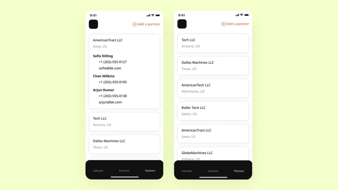 Two screens of the mobile CRM app