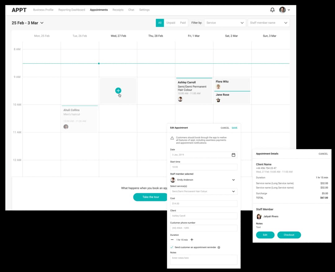 Appointment scheduling interface with details and calendar view