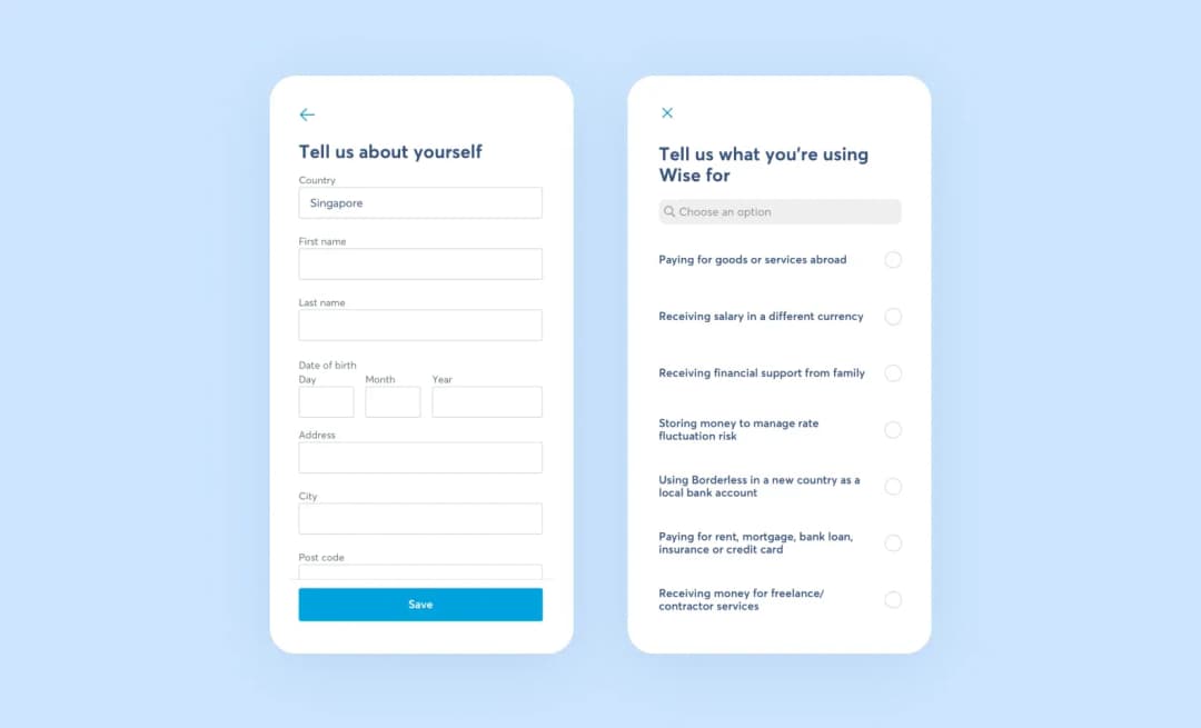 registraiton form in wise app screen