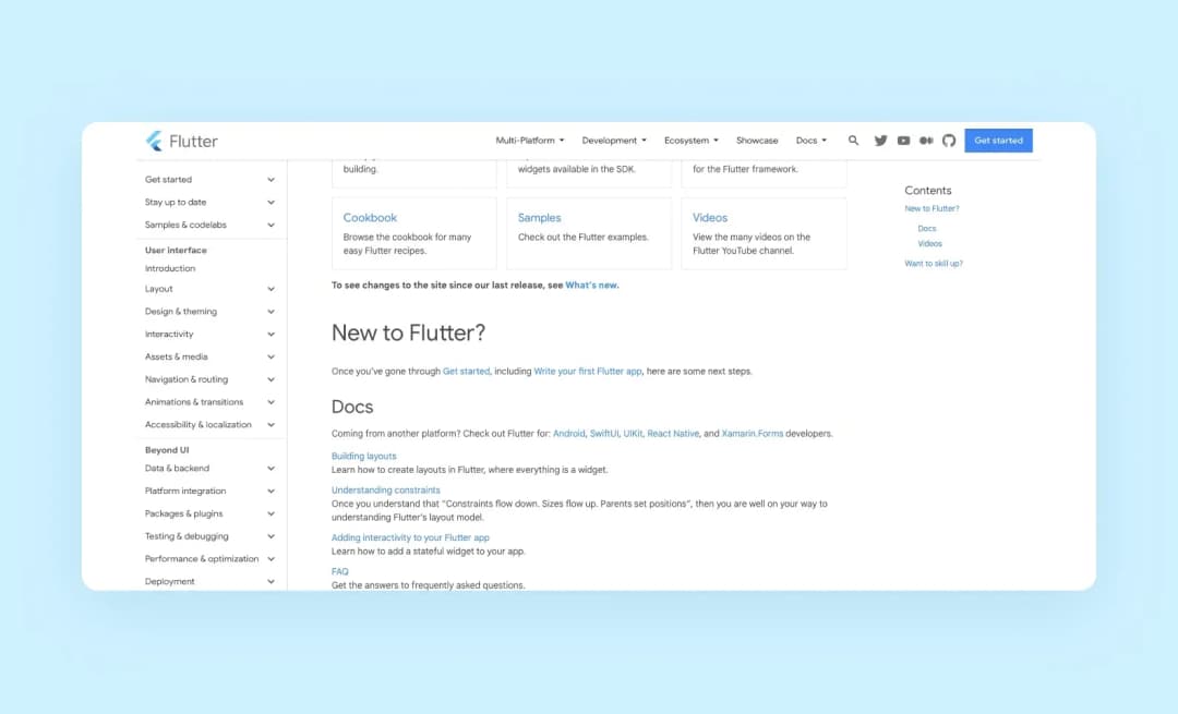 Flutter documentation screenshot