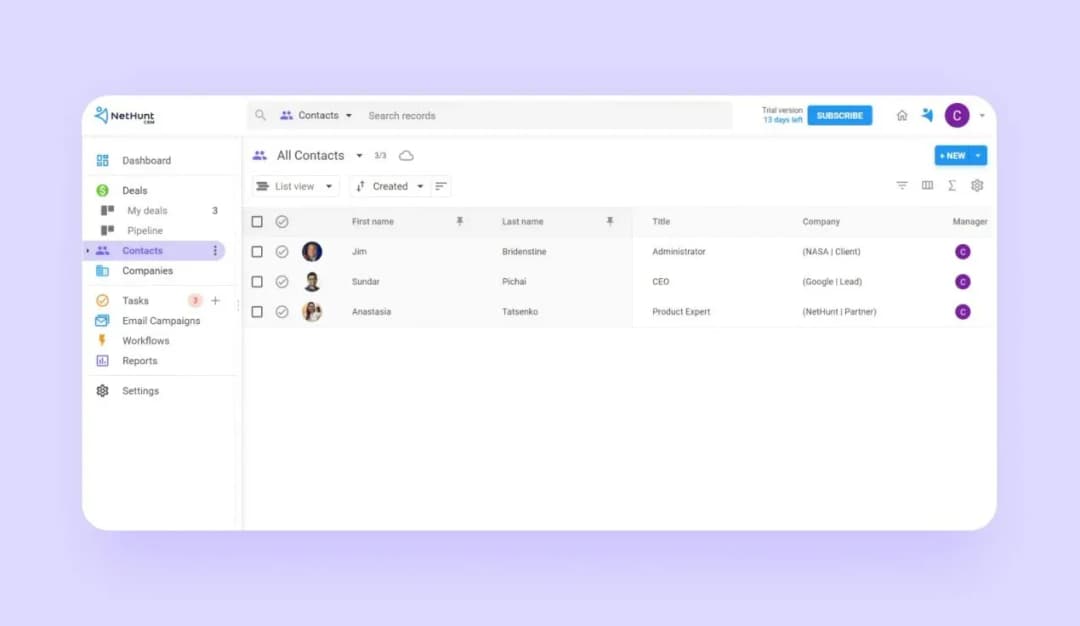 NetHunt CRM contacts list inside Gmail with sample records for NASA, Google and NetHunt