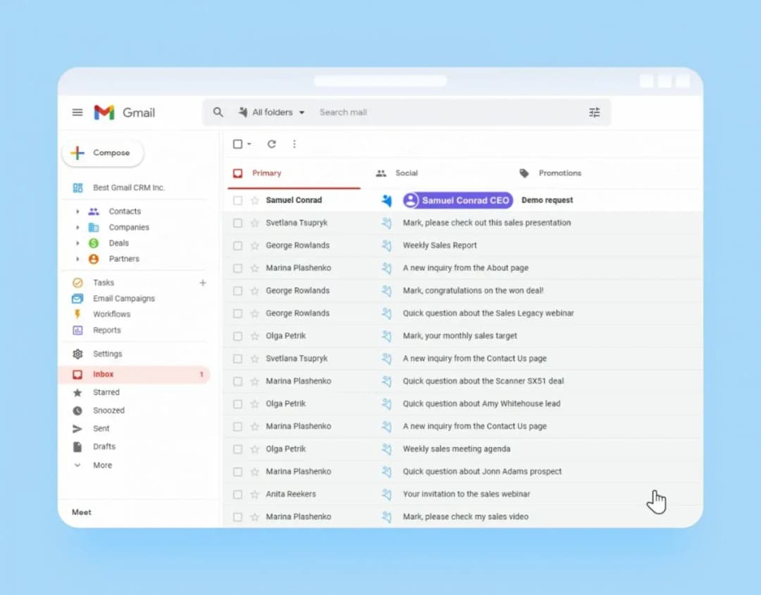 NetHunt CRM working inside a Gmail inbox filled with sales emails in the Primary tab