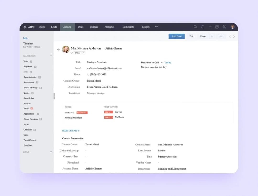 Zoho CRM contact card for Melinda Anderson with deals, next actions and contact details