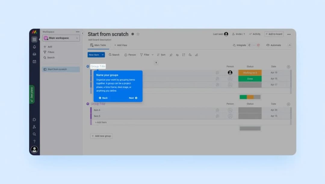 Monday CRM onboarding board 'Start from scratch' with a tooltip prompting to name groups