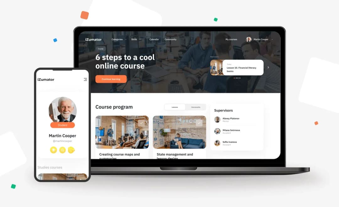 iZumator online course platform shown on a laptop and smartphone with the course program