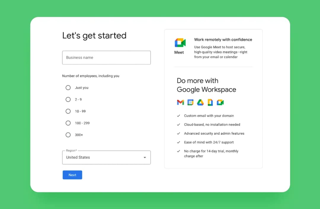Google Workspace 'Let's get started' signup form with business name and employee count fields
