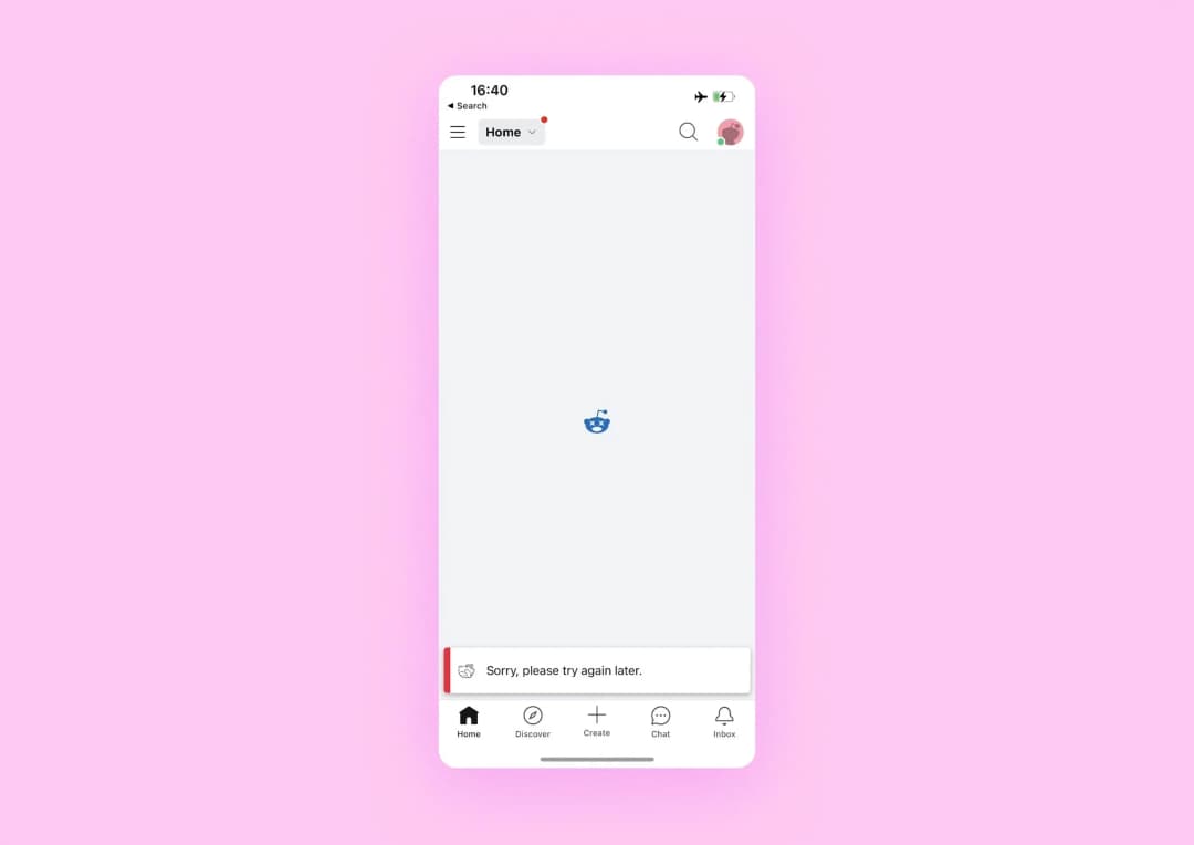 Main screen of the Reddit app with an error message